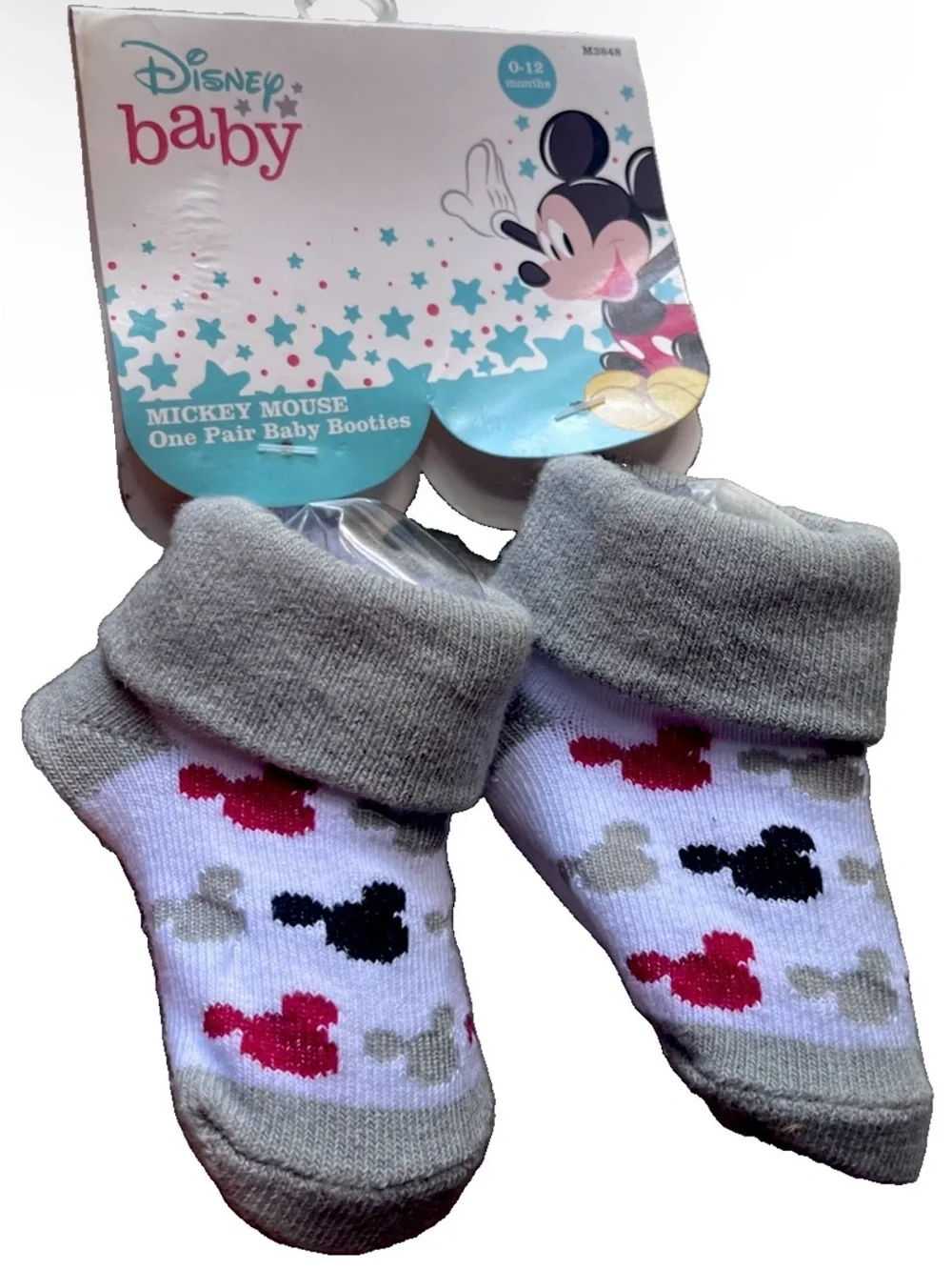 Disney Baby Mickey Mouse Booties 0-12 Months Infant Socks Gray White NWT